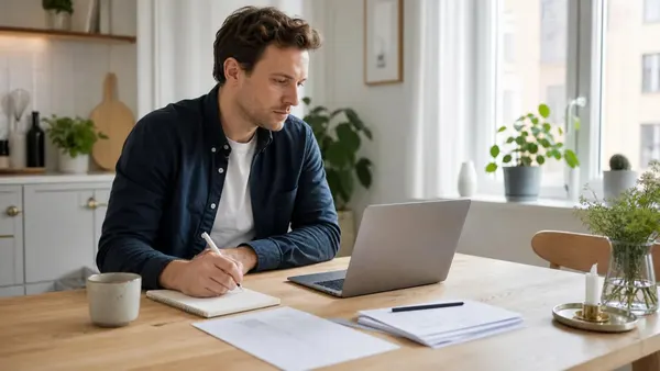 Person som går igenom lånealternativ och budget vid ett köksbord