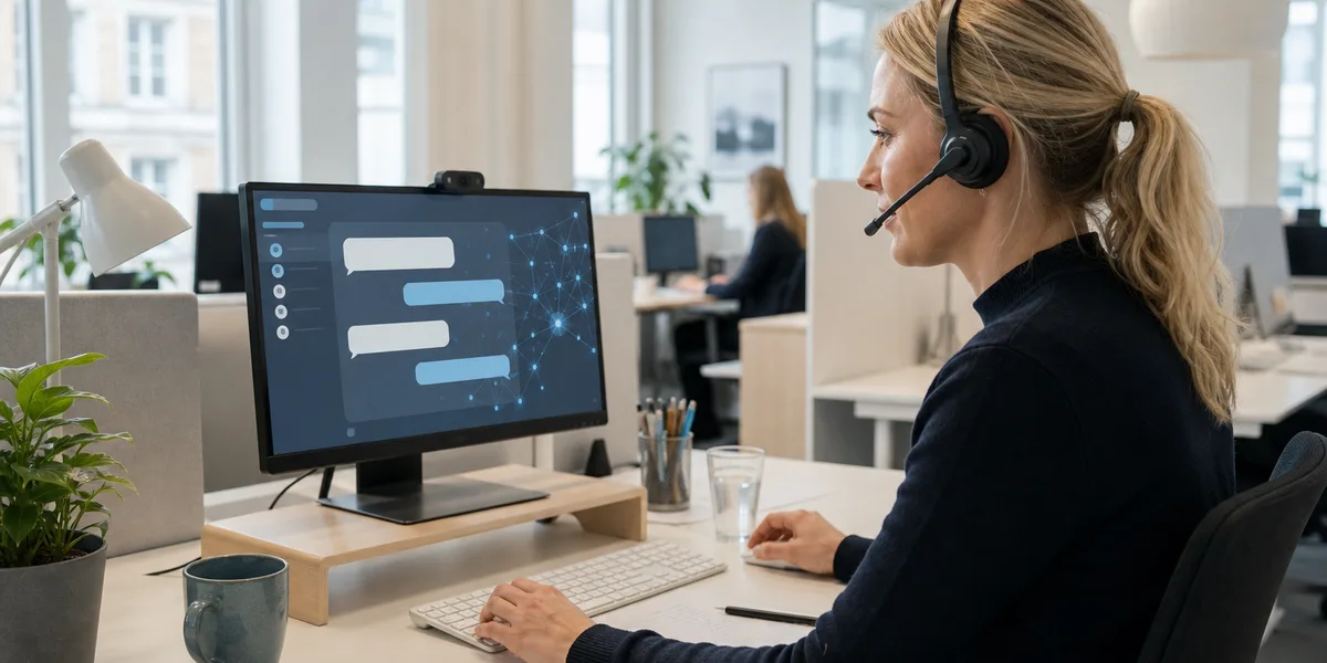 Digital kundtjänstmiljö med dator och abstrakt teknikljus