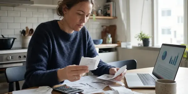 Person som går igenom hushållsbudget vid ett köksbord