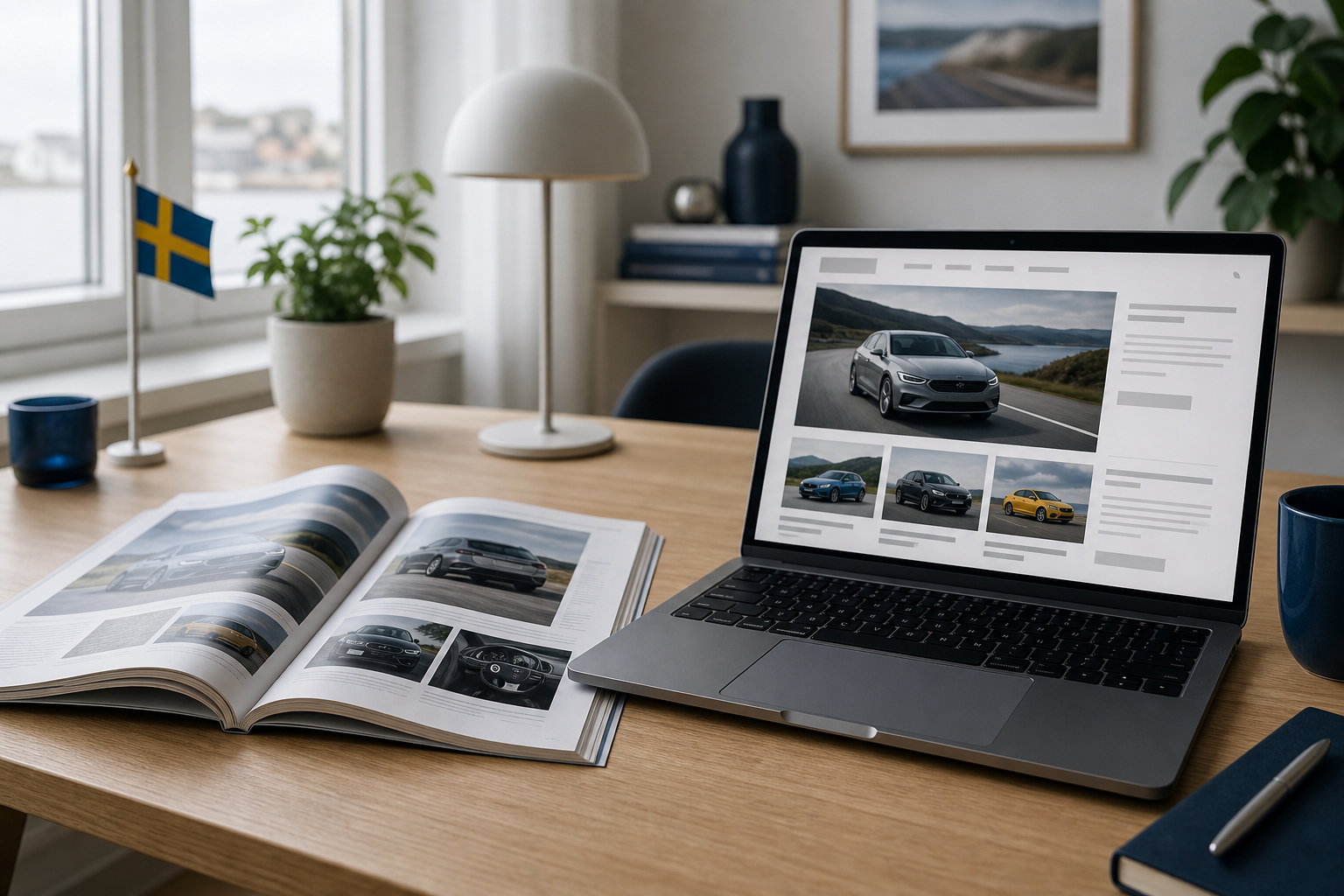 Laptop, motortidning och bilnycklar på skrivbord